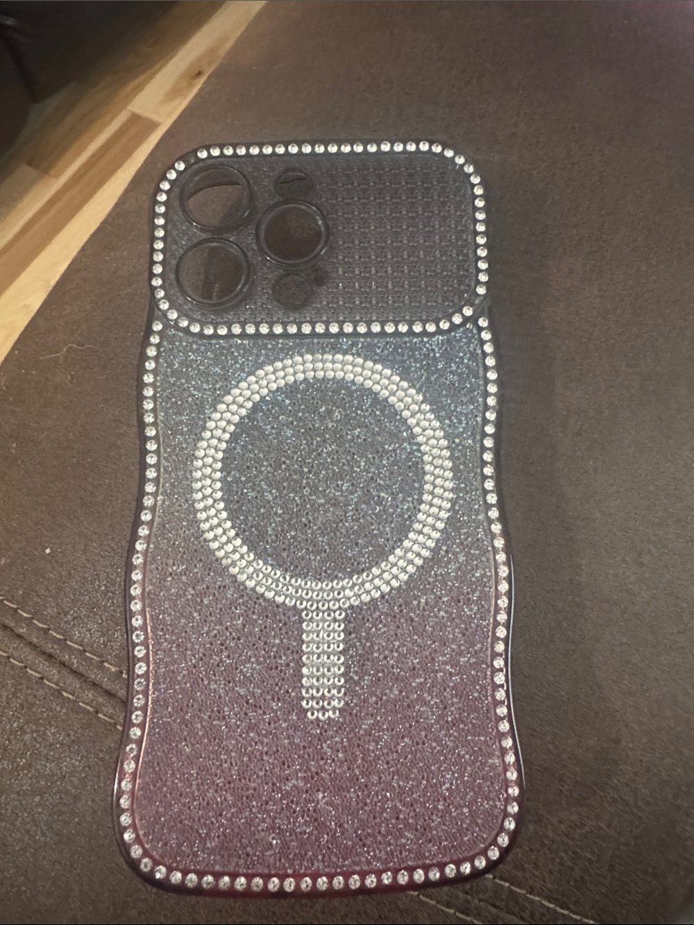 Sparkling Black and Pink Gradient Phone Case with Rhinestone Magsafe Ring
